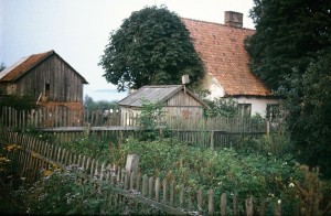 Rendės kaimo tradicinis namas, ūkinis pastatas, pasšiūrė, aptvertas daržas. 1990 m. rugpjūtis. Autoriaus nuotrauka