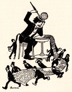 Poeto Frigyeso Karinthy šaržas, nupieštas Nándoro Guncserio. Iš George'o Lango knygos „Vengrų virtuvė“ 