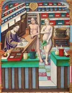 Kristus vaistininkas šaiposi iš Adomo ir Ievos, išrašydamas ne tą rytinės tabletės receptą. Apie 1537. Nacionalinė Prancūzijos biblioteka